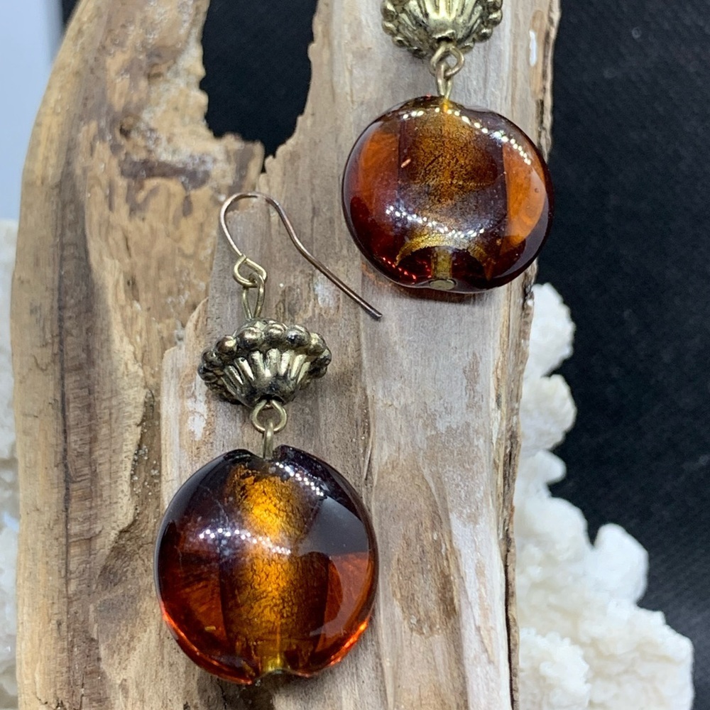 Glass Charm Drop Earrings (Amber/ Brown)